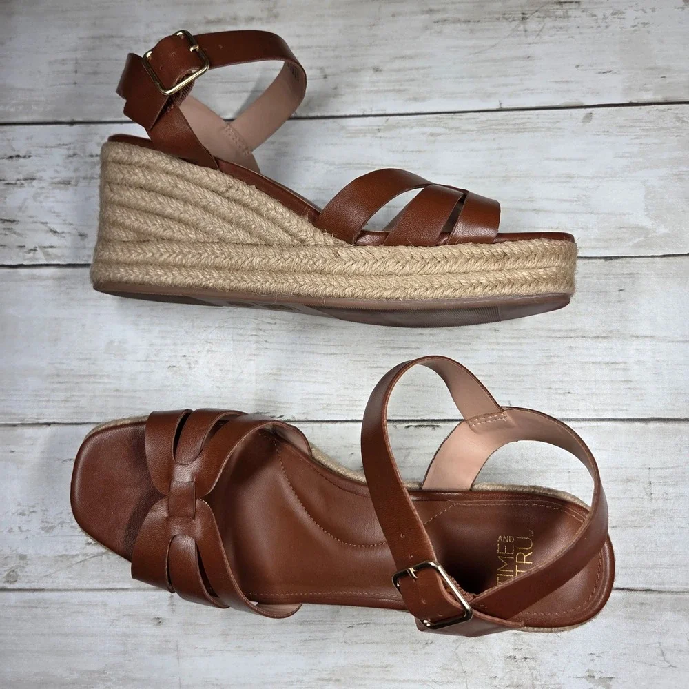 Time and Tru Espadrille Platform Wedge Sandals Women 8 Brown Knotted Ankle Strap